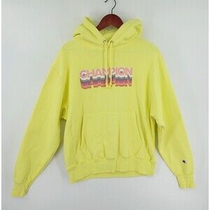 Champion Reverse Weave Hoodie Sweater Mens Medium Yellow Graphic Logo Cadmium